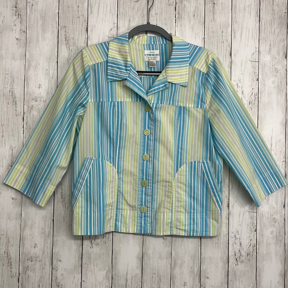 Christopher & Banks Stretch Striped 3/4 Sleeve Lightweight Button Front Shirt SM